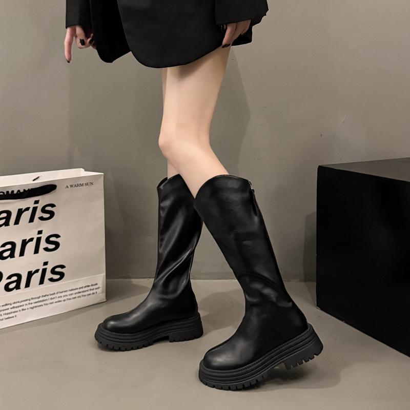 Fashion Vintage Round Toe Knee High Boots Women Designer Back Zipper Square Heels Shoes Ladies Knight Booties