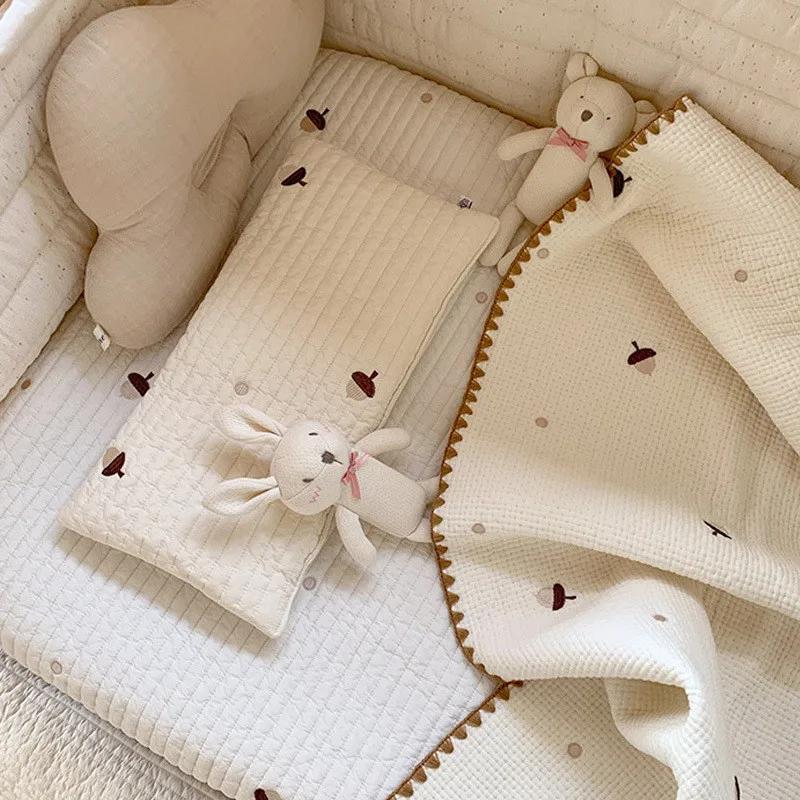 Newborn Pure Cotton Flat Pillow, Quilted with Cartoon Squirrel & Bear Embroidery, Breathable & Soft