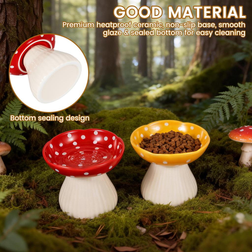 2 Pcs Elevated Raised Cat Bowl Mushroom Cat Water High Feet Food Bowl Ceramic Pet Neck Protection Anti-black Food Dish