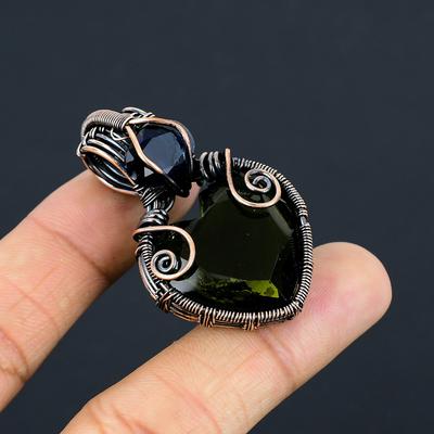 Natural Peridot,Blue Topaz Gemstone Handmade Copper Wire Wrap Pendant 1.97" P0F50