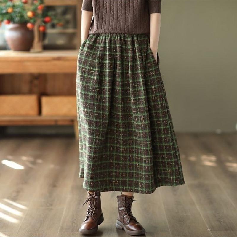 Vintage Karierte Midi-Röcke Damen Baggy High Waist A-Linie Dicker Französischer Stil Taschen Mujer Unterteile Mode Elegant
