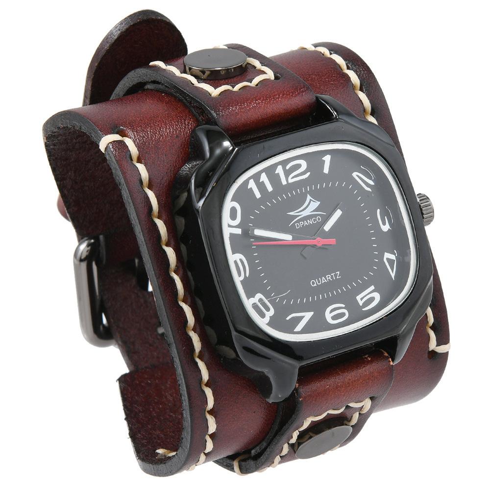 European and American Hot-selling Accessories, New Hand-stitched Retro Cowhide Watch Bracelet, Men's Trend Wide Leather Quartz Watch