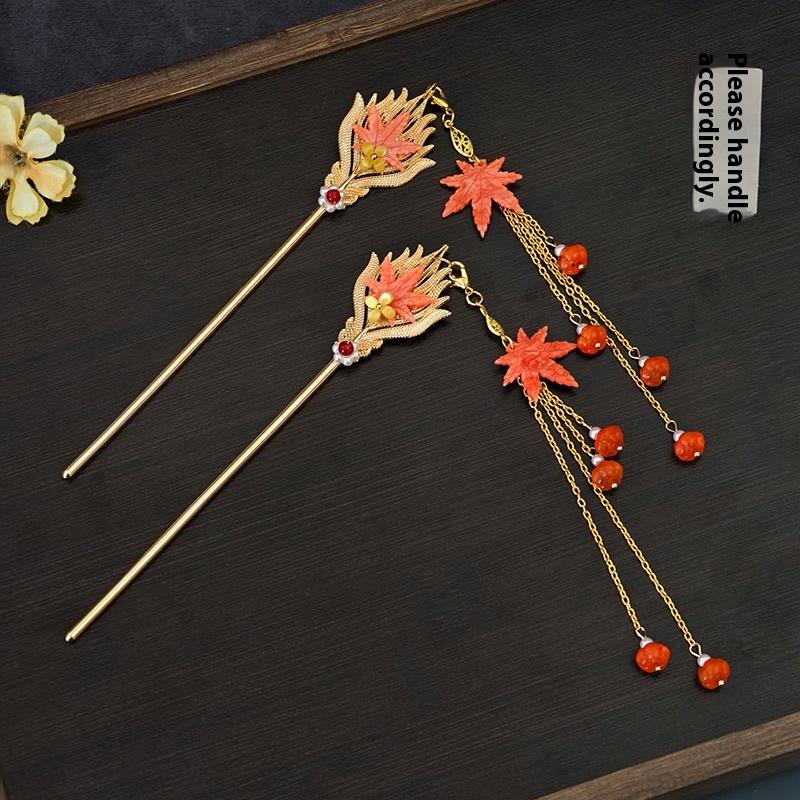 Red Maple Leaf Long Tassel Headdress Antiquity Hairpin Hanfu Cosplay Hair Clasp Step Shake
