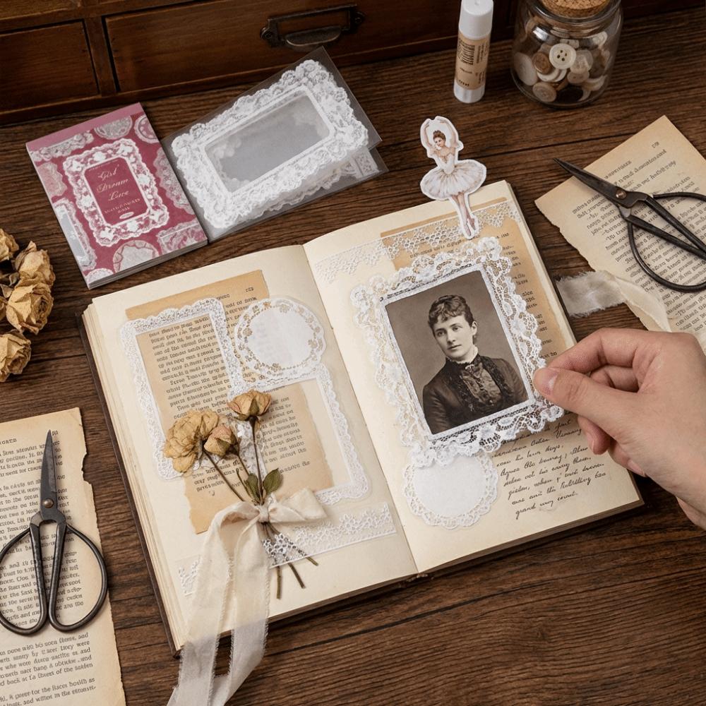 DIY Crafts Lace Theme A Sticker Book Removable Vintage Style PET Stickers Collage Art Stickers Scrapbooking