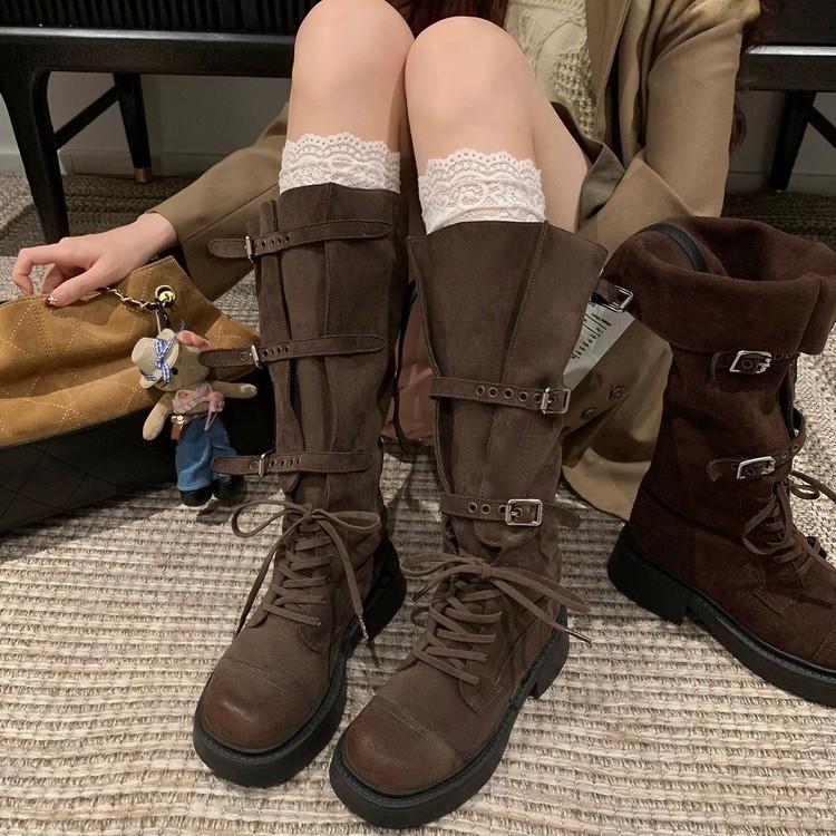 Frosted~ Soft leather boots women's 2025 autumn new belt buckle knight boots but knee two wear tall boots