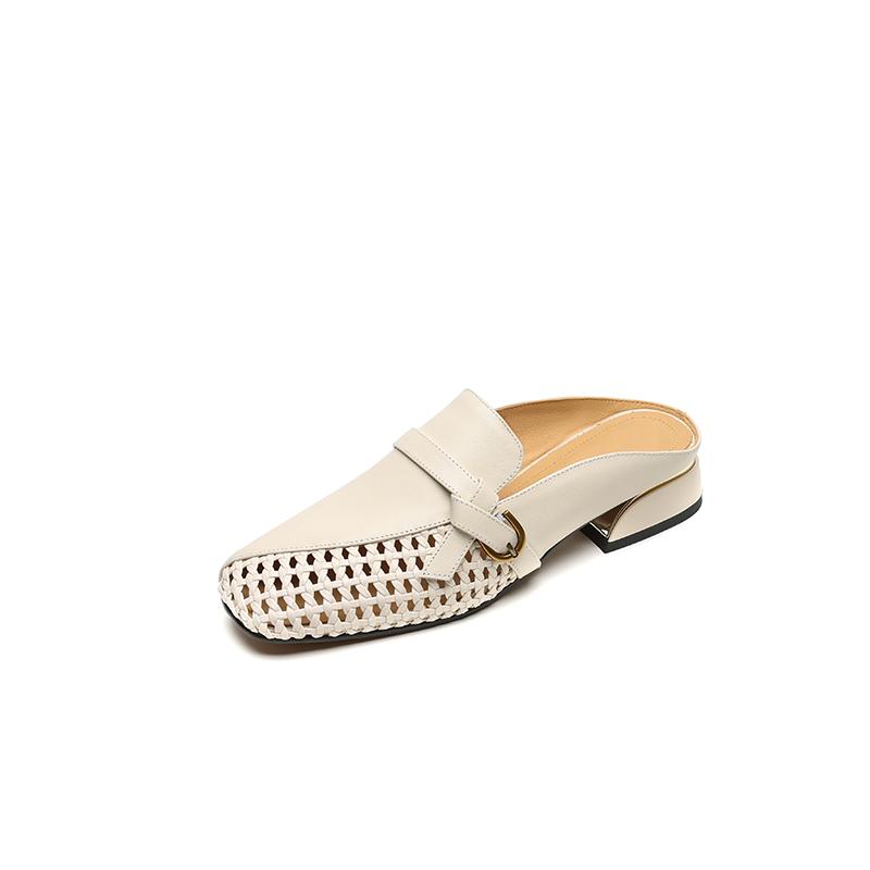 Fashion NEW Summer Women Mules Genuine Leather Shoes for Women Square Toe Chunky Heel Shoes Cover Toe Slingback Sandals Weave Slippers