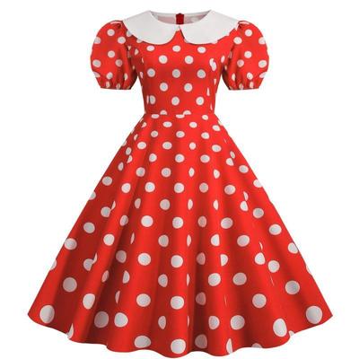 Rochie cu guler de păpușă, mâneci bufante, croială mulată, îmbinare cu buline, model clopot, începând de la o bucată