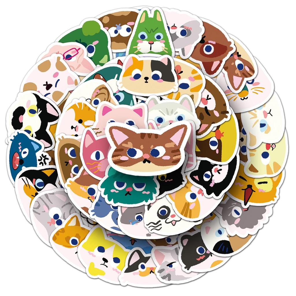 50 Cute Cat Head Cartoon Stickers for Phone, Journal, or Thermos Cup