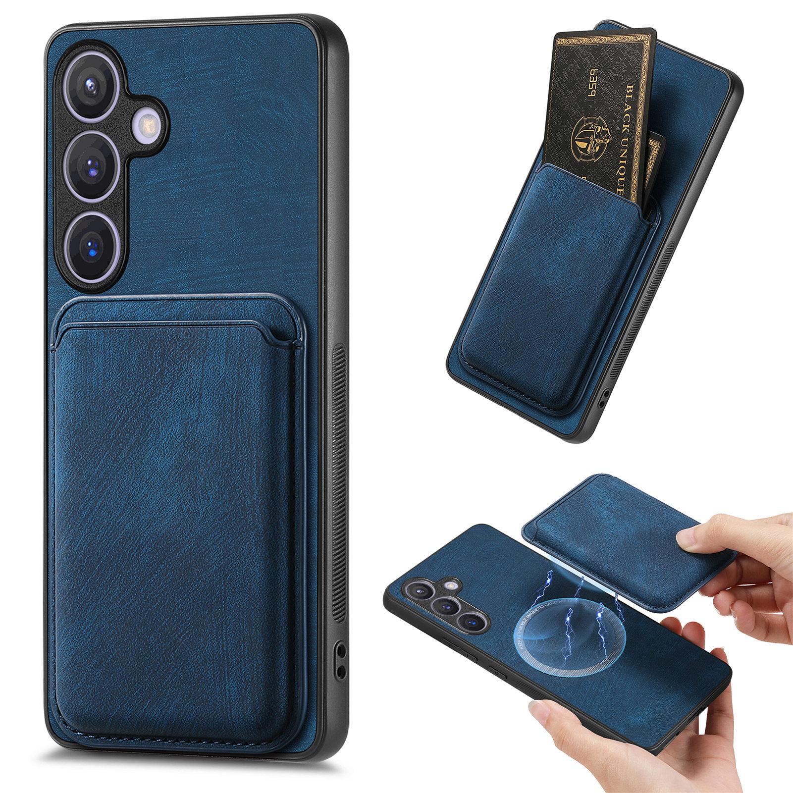

For Samsung Galaxy S24 Case Compatible with MagSafe Leather Back Cover with Detachable Card Holder Blue