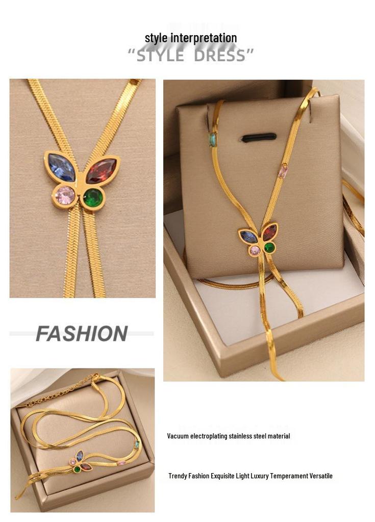 European Luxury Zircon Butterfly Stainless Steel Necklace for Women - Stylish Clavicle Chain Jewelry