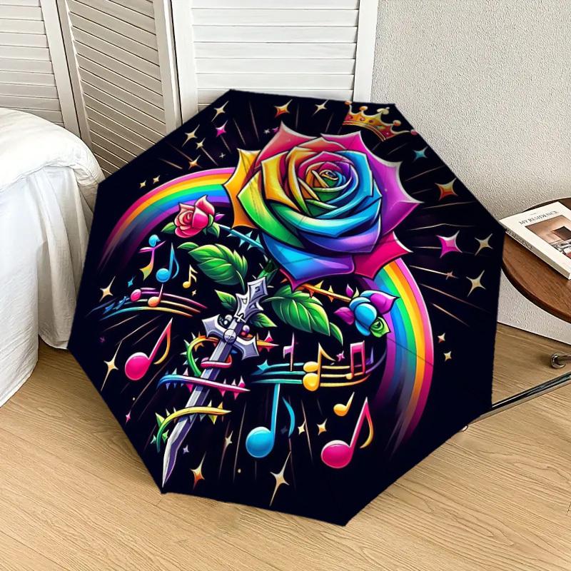 1pc Rainbow Rose with Crown and Music Notes Umbrella with Plastic Handle,Suitable for All Seasons Home Travel Outdoor UmbrellaDD1796