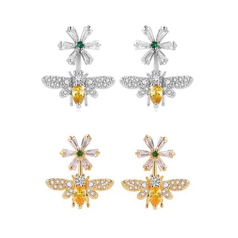 Silver Plated CZ Bee & Flower Convertible Stud Earrings, Sparkling Yellow Bee & Daisy Double-Sided Earrings for Women