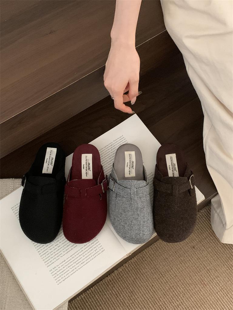 Thick-soled gray Birkenstock shoes for women's autumn and winter new Korean version niche retro Birkenstock one-pedal lazy bag head half slippers