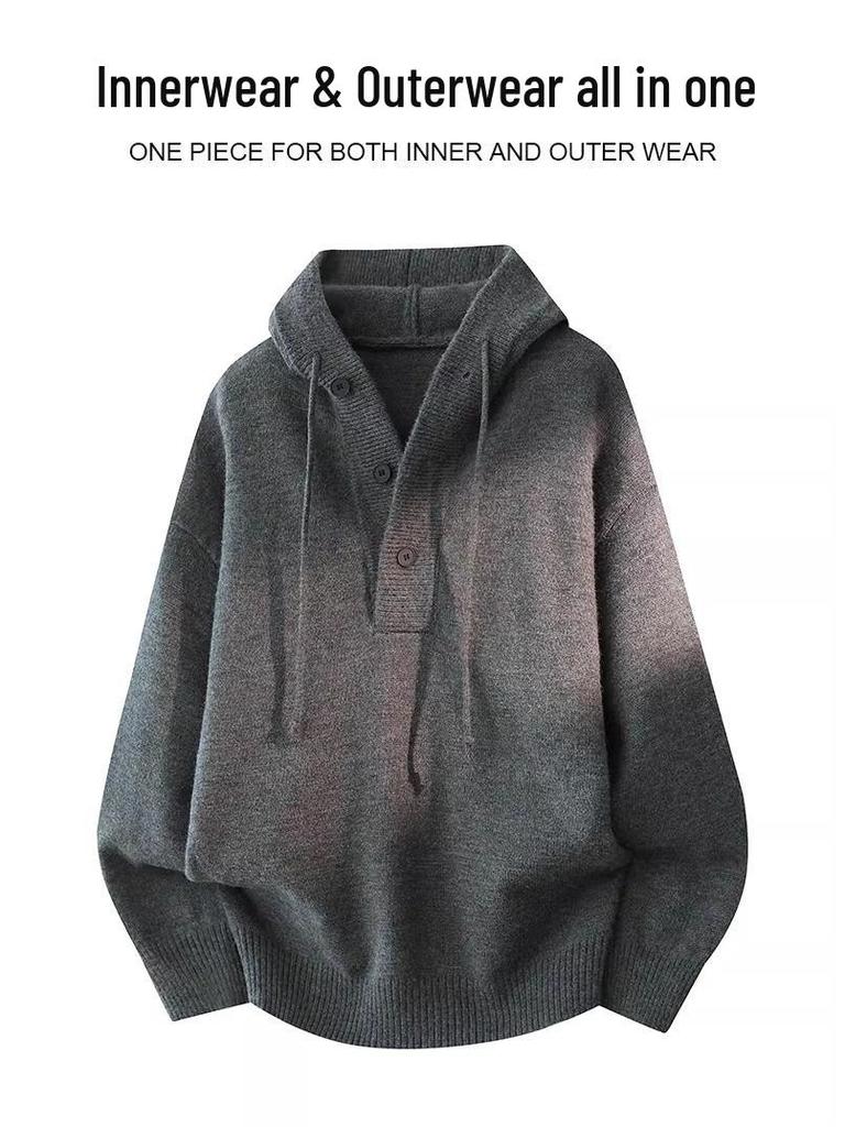 Men's Heavyweight Solid Color Knit Hooded Sweater - Loose Fit Casual Pullover for Autumn/Winter
