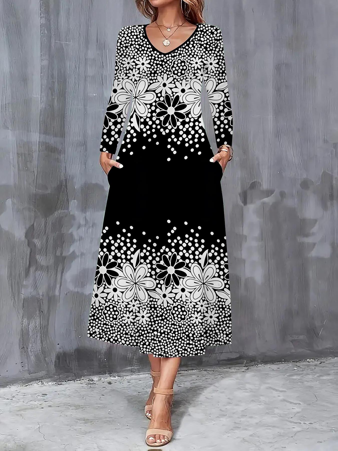 

2025 Autumn and Winter New Women Casual Fashion Dress Autumn 3D Flower Print Long Sleeve V-Neck A-Line Dresses XXL чорний