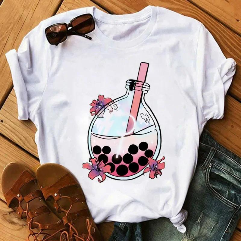 Kawaii Cartoon Milk Tea Printed T Shirt Women Fashion T Shirt Casual Tops 90s Girls Ladies Female Short Sleeve Cute Graphic Tee
