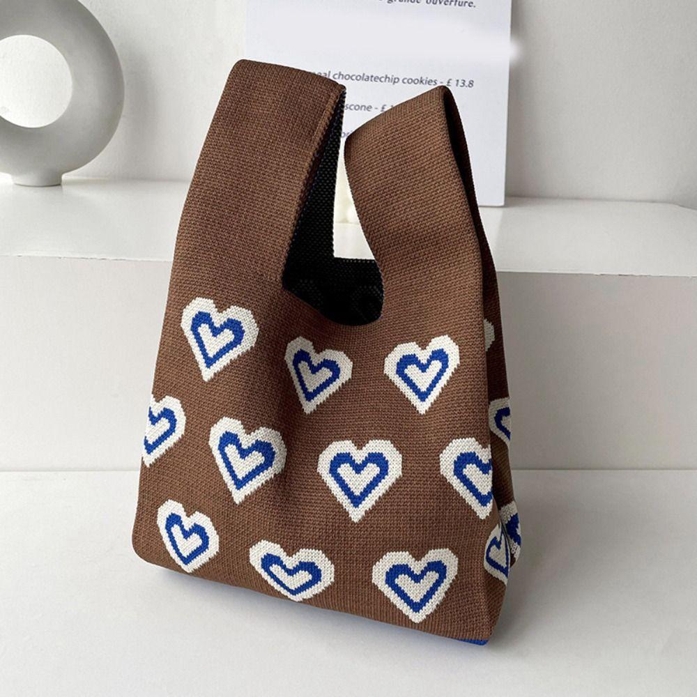 Women Girls Reusable Knit Handbag Heart Flower Wrist Bag Handmade Knot Tote Bag Shopping Bags Outdoor Casual Accessories