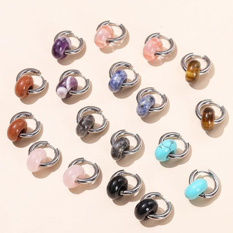 Change Better Natural Stone Ágata Turquesa Prata Cor Brincos de Argola Mulheres Aço Inoxidável Donut Chunky Pendurado Fivelas de Orelha