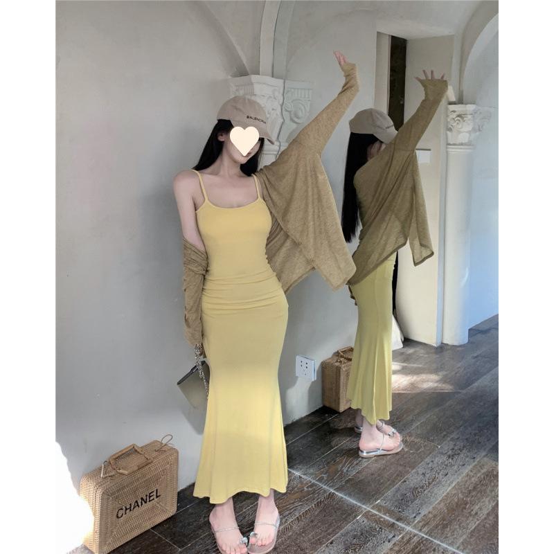 Sexy Spice Girl Temperament Waist Skinny Yellow Sleeveless Hip Wrap Suspender Dress Women's Summer Sunscreen Cardigan Two-piece Set