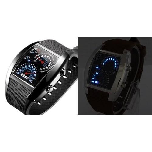 Herren Tachometer LED Design Uhr in Schwarz mit blauer LED