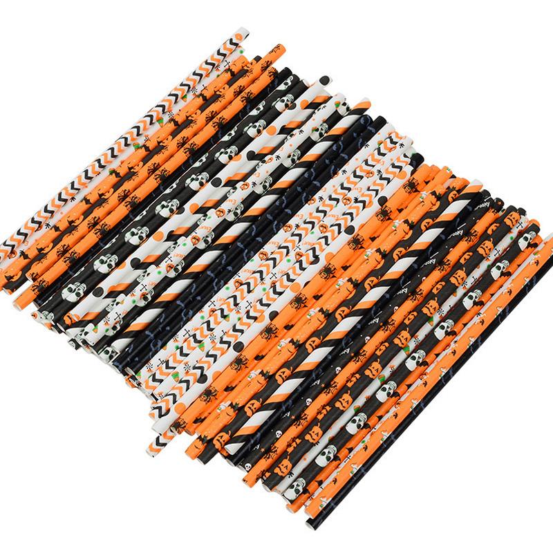 100pcs/bag Halloween Paper Straw Pumpkin Bat Spider Skull Orange Black Color Festival Paper Straws