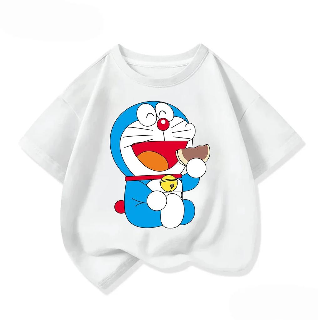 Cute Boys Girls Short Sleeve T Shirt Doraemon Cartoon Pattern Crew Neck Comfort Summer Casual Daily Wear 3 To 14Y