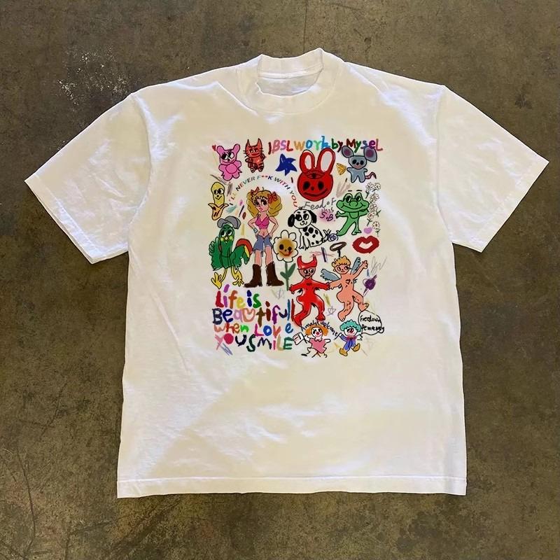 Vintage Multi Cartoon Character Graffiti Front Print T Shirt Unisex Oversized Cotton Tee Colorful Art Streetwear Short Sleeve Tops