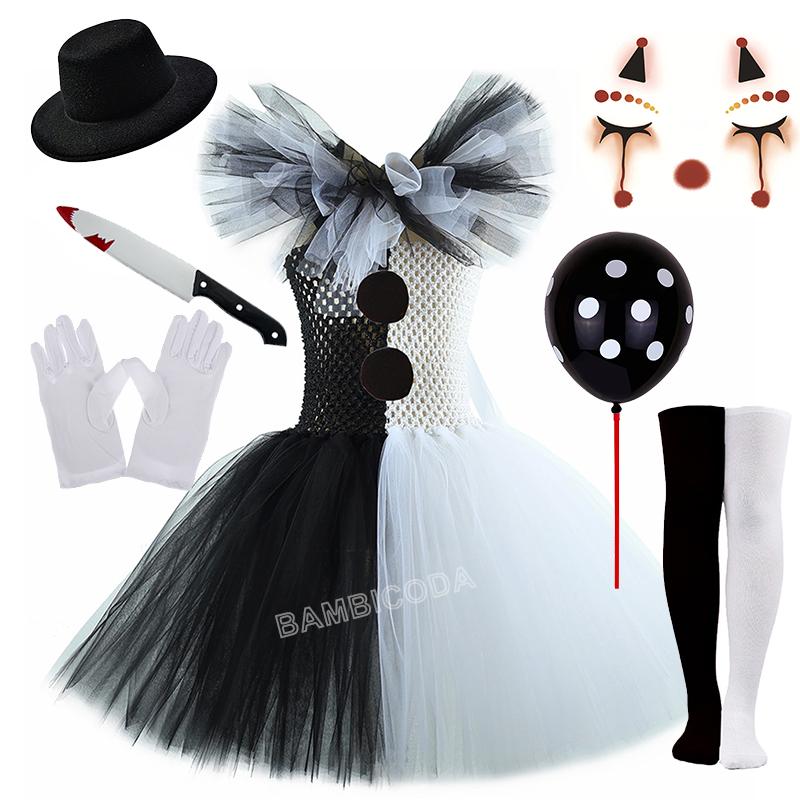 Das Clownskostüm Terrifier Art Girl Schwarz Weiß Ausgefallenes Tutu-Kleid Horror Joker Kleid für Mädchen Halloween Karnevalsparty Kostüme