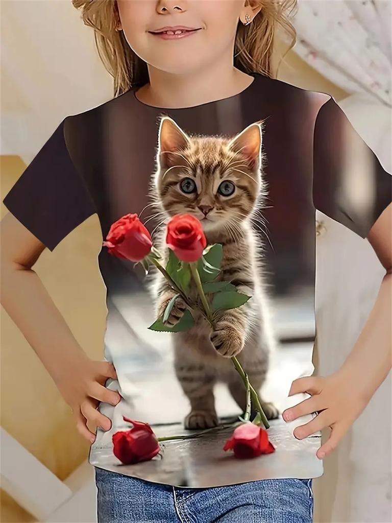 2025 Girl Clothes 3D Print Cute Cat Crew Neck Short Sleeves Graphic T Shirts Summer Streetwear Fashions T-Shirts for Children
