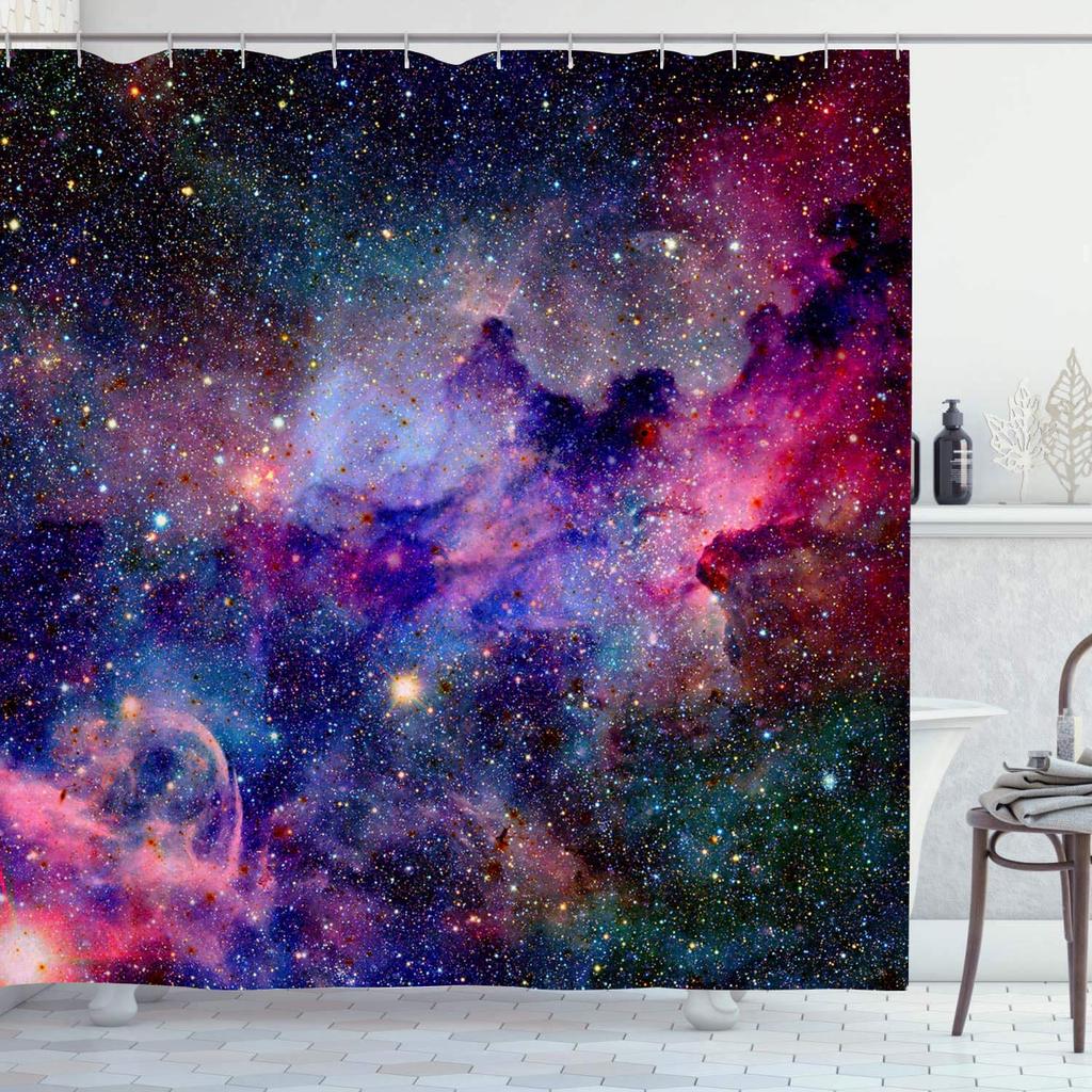 Sternenhimmel Duschvorhang für Badezimmerdeko Sternenklare Galaxie Badewannen-Set Psychedelischer Nebel Universum Planet Badezimmervorhang Set