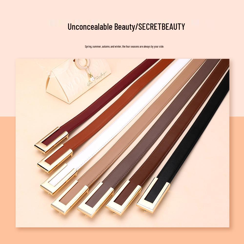 Women's Fashionable Gold Buckle Leather Belt - Versatile Cowhide Waistband for Dresses and Pants