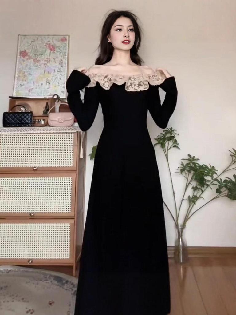 Elegant Hepburn Style French Black Knit Long Sleeve Dress - Women's Autumn 2025 Collection