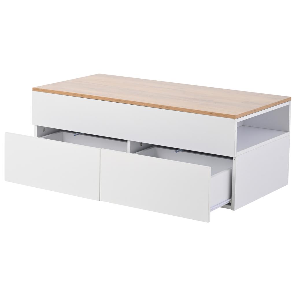 100*50*40cm Height-Adjustable Coffee Table with Hidden Storage, 2 Drawers, Semi-Open Storage, in White + Wood Color