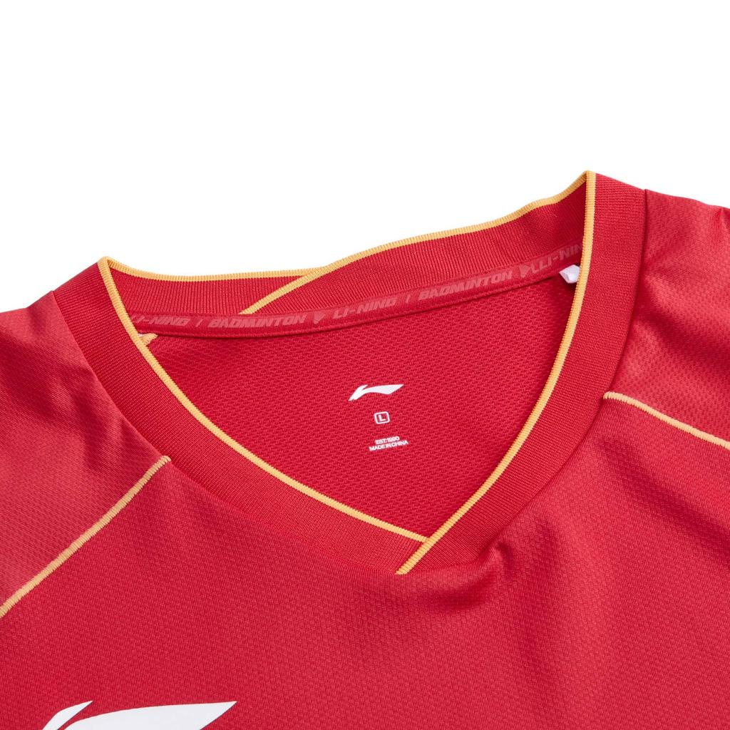 Li Ning Badminton Series Sports Casual Minimalist Color Block Letter Pullover Short Sleeve Badminton Shirt Unisex Tops Cinnabar-Red AAYV153-3