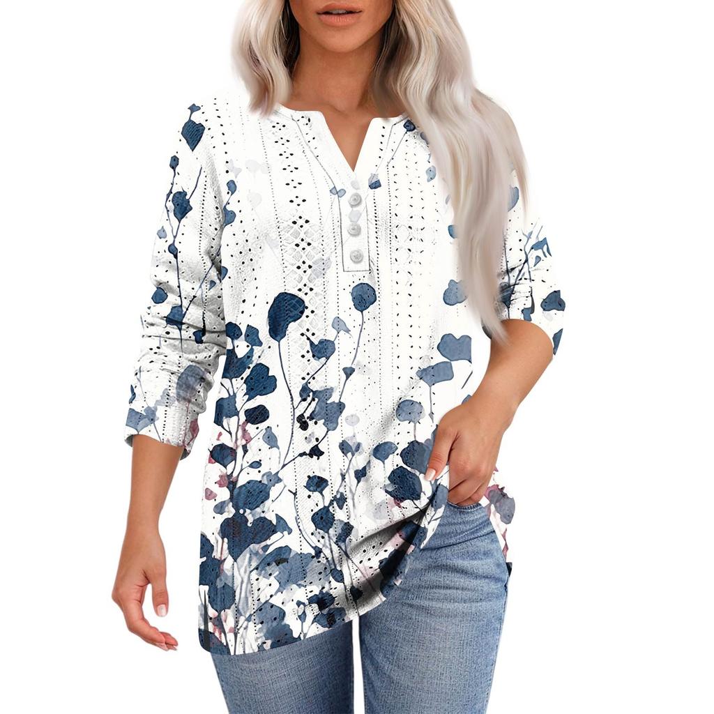 Women's T Shirt Tee Print Button 3/4 SleeveDaily Weekend Fashion Basic V- Neck Regular Top