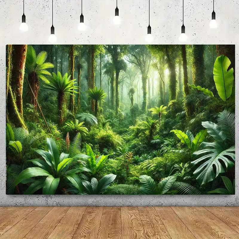 Tapiz de Selva Tropical Impresión Plana 2D, con Helechos Verdes Exuberantes, Hojas de Monstera y Luz Solar