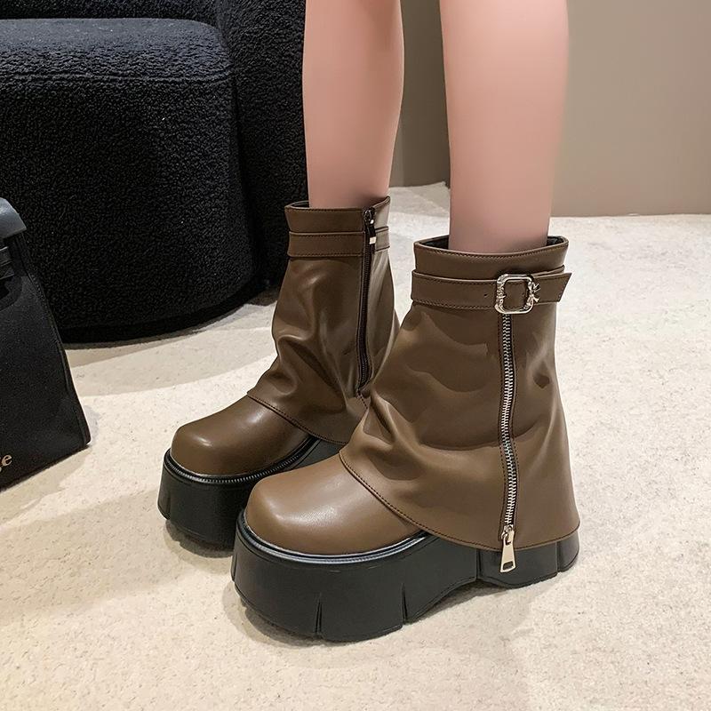 Thick-soled Trouser Boots Women's Winter New British Style Fashion Belt Buckle High Heel Small Short Boots