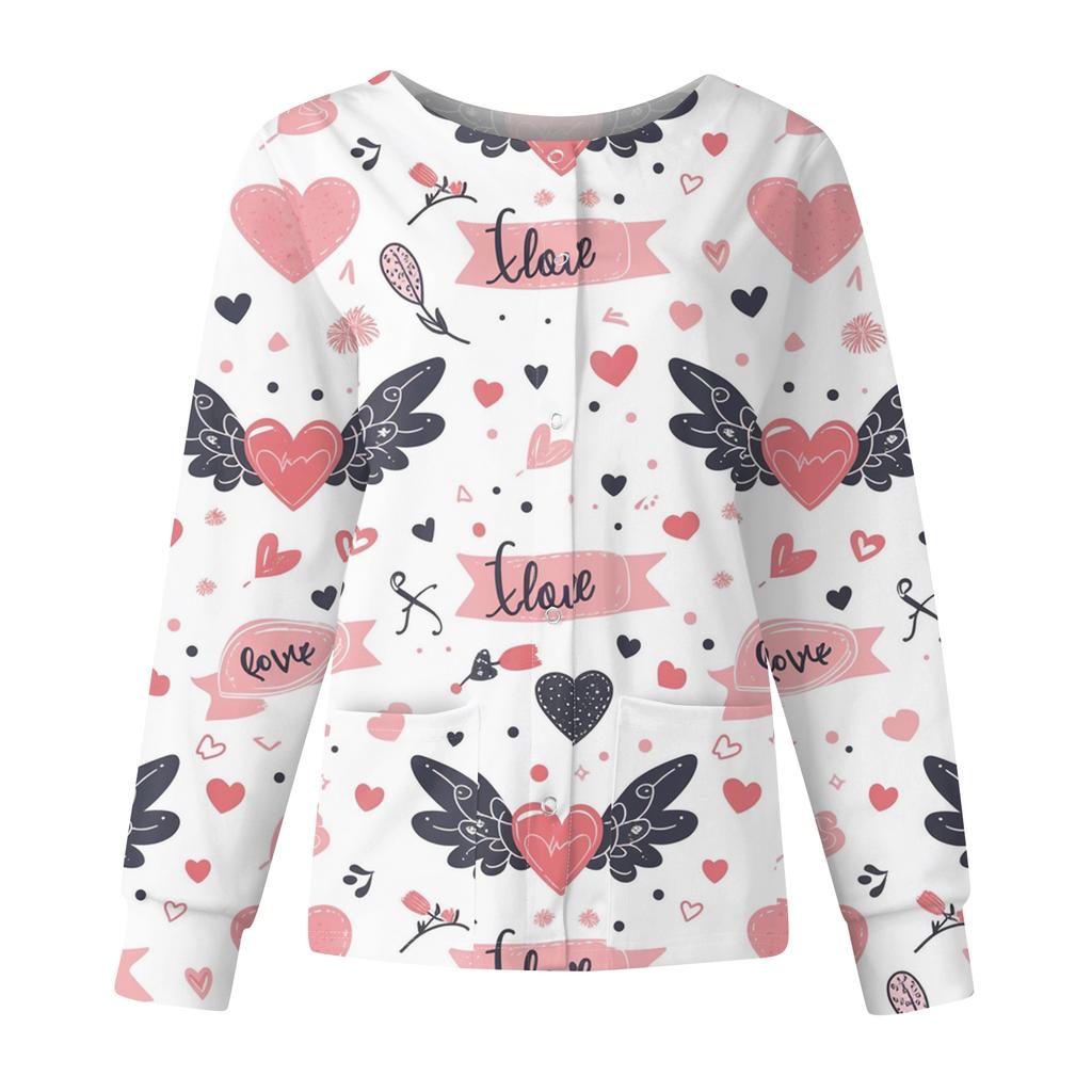Women's Casual Fashion Long Sleeve Standing Collar Single Breasted Valentine's Day Print Workwear Jacket Tops