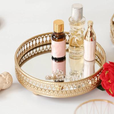 Retro Style Golden Iron Delicate Glass Mirror Base Tray Desktop Jewelry Cosmetic Storage  Bedroom Dessert
