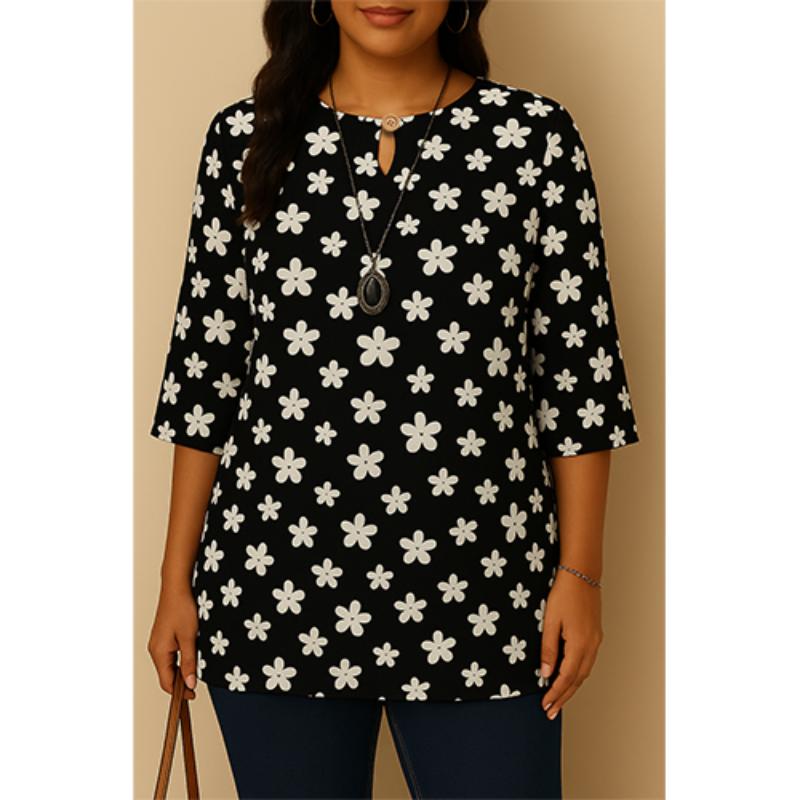 Casual Blouse, Vintage Style, For Women, Floral Print, O Neck, Three Tribal Sleeves, Elegant Loose Top