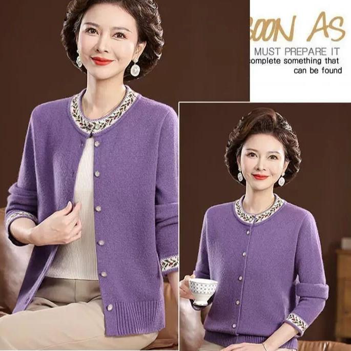 Autumn Winter Women's Round Neck Embroidered Cardigan Sweater Thickened Loose Knit Cardigan