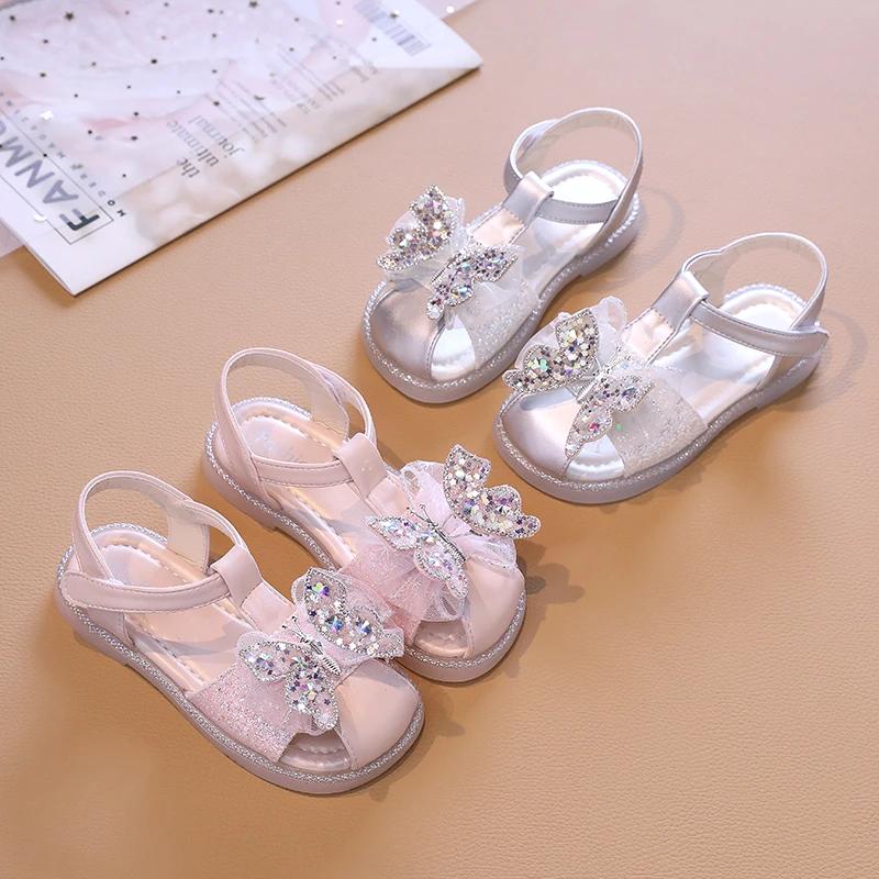 Girl Princess Dress Sandals Sweet Children's Summer Sandals for Wedding Party Fashion Kids Flat Sandals with Sequins Butterfly