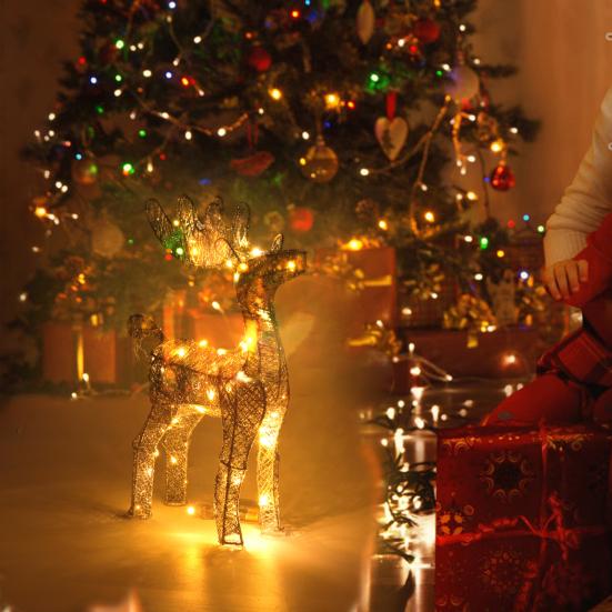 Lighted Reindeer Figurine 3D Metal Standing Deer Statue with LED Light for Outdoor Christmas Lawn Yard Decor