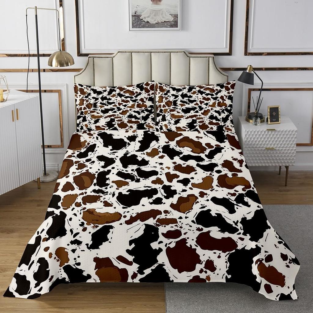 Cowhide Coverlet Set Farm Animal Fur Bedspread Queen/Full for Boy Girl Bedroom 2/3 Pcs Western Rustic Cowboy Farmhouse Quilt Set