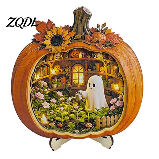 Rustic Autumn Harvest Decor Halloween Ghost Pumpkin Tabletop Sign, Wooden House with Mini Miniature Scene Gifts Scene, Fall Desktop Ornament for Home