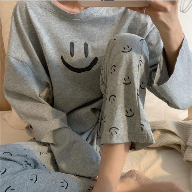 2024 Korean Style Women's Smiley Face Pajama Set - Spring/Autumn Long Sleeve Solid Color Homewear