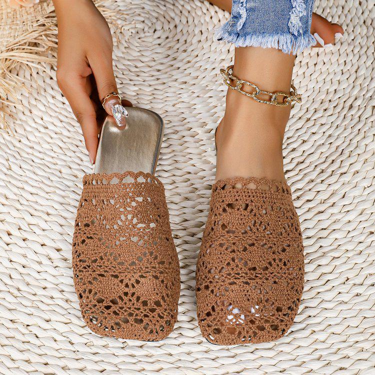 2024 Women's Hollow Lace Knit Sandals: Solid Color Flat One-Strap Slippers with Rubber Toe Cap