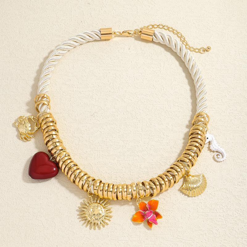 Vintage Handmade Charm Cord Necklace For Women Golden Ocean Animal Pendant Rope Chain Jewelry Summer  Wearing Gift