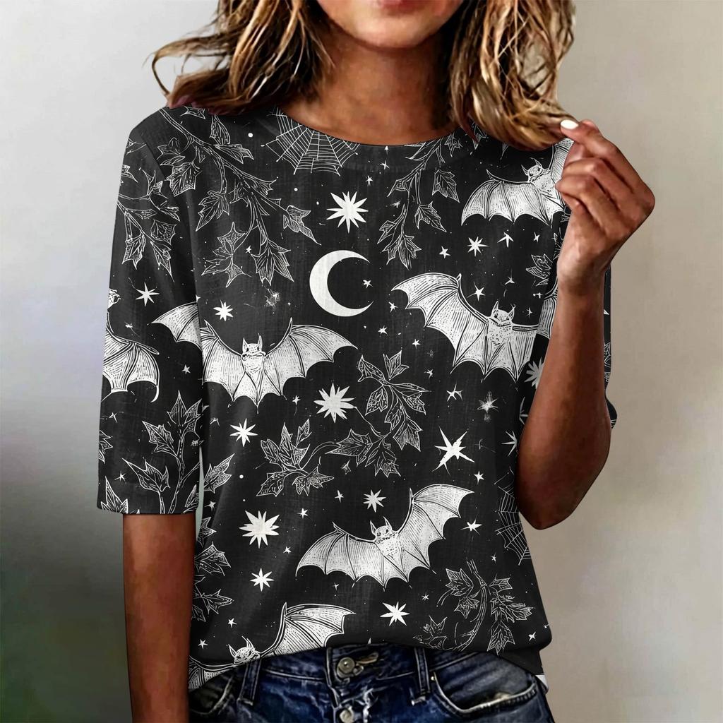 Loose Fit Womens Casual Short Sleeve Top Round Neck Lightweight Comfortable Pullover Shirt with Halloween Themed Print