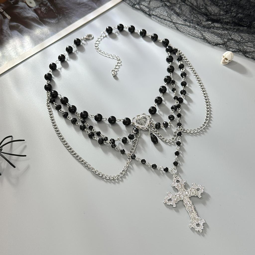 SHIXIN Gothic Multilayer Black Acrylic Bead Chain Choker Necklace for Women Retro Jesus Cross Pendant Necklace Halloween Jewelry